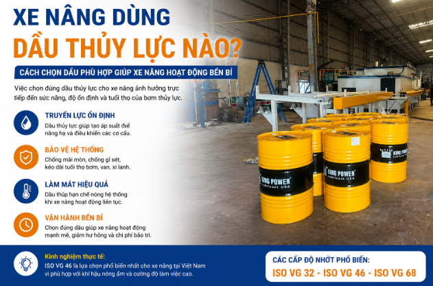 Xe nâng dùng dầu thủy lực nào? Hướng dẫn chọn dầu thủy lực ISO VG 32, ISO VG 46 và ISO VG 68 cho xe nâng.